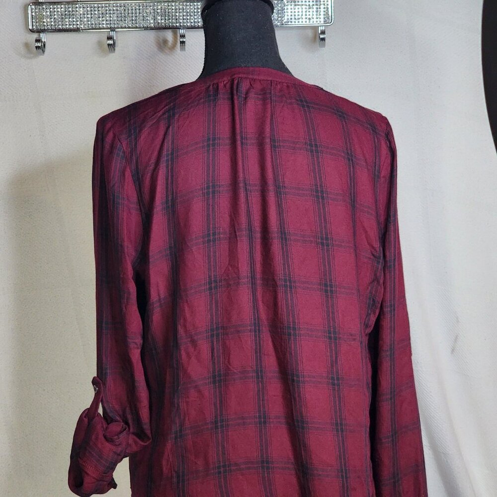 A.N.A. A New Approach Wine Black Plaid Long Tab Sleeve Button Up Faux Wrap Top S - Picture 13 of 16
